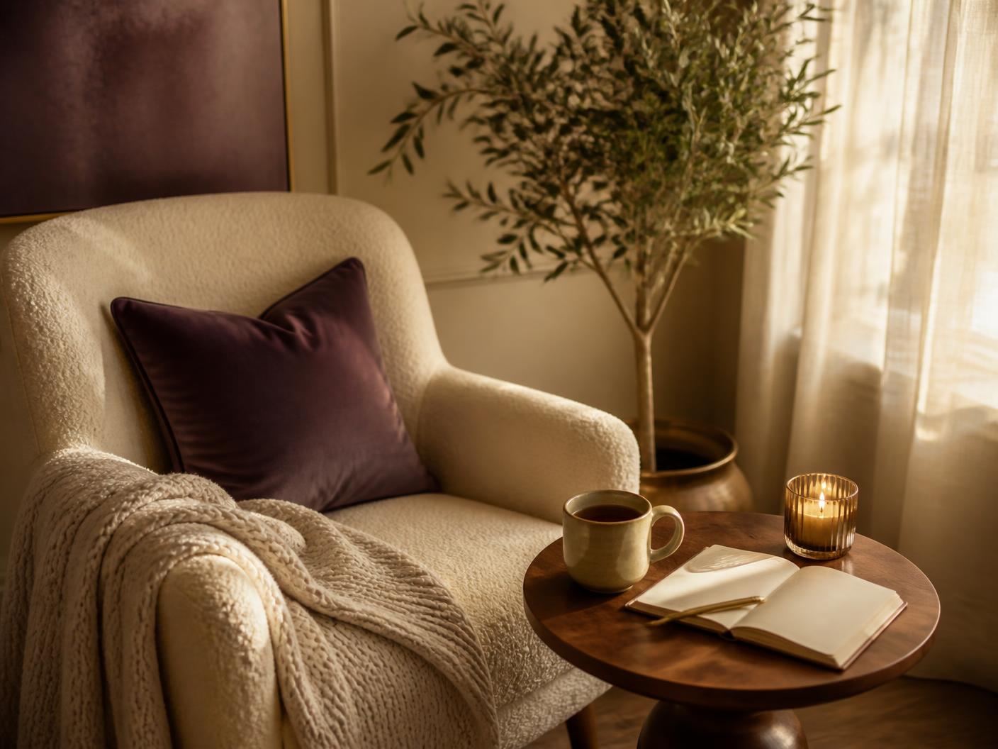 A warm, softly lit sitting corner with an armchair, throw, tea and an open journal
